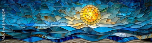 Underwater scene merges with stained glass art under northern lights against a desert backdrop photo