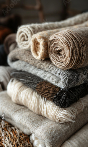 Elegant Array of Woolen Throws and Hand-Knit Sweaters. Premium Wool Craftsmanship and Texture Detail