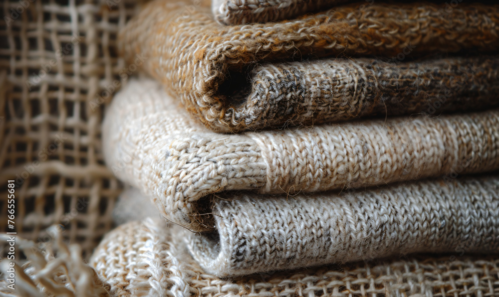 Fototapeta premium Elegant Array of Woolen Throws and Hand-Knit Sweaters. Premium Wool Craftsmanship and Texture Detail