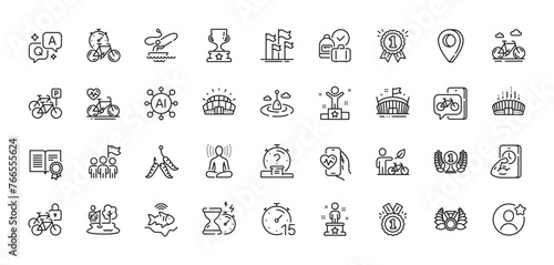 Diploma, Leadership and Timer line icons pack. AI, Question and Answer, Map pin icons. Reward, Cardio bike, Quiz web icon. Fitness, Winner, Success pictogram. Arena stadium, Yoga, Boat fishing. Vector