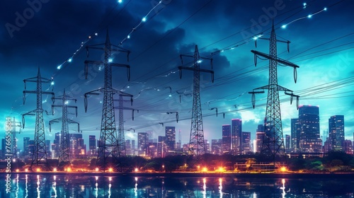 High-voltage power lines and high-rise buildings at night