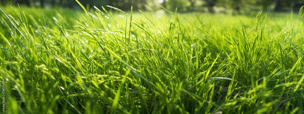 Green grass and blue sky. Panoramic view. Nature background Green grass and blue sky. Panoramic view. Nature background