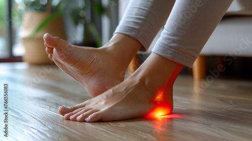 Woman displays inflamed heel, indicating plantar fasciitis.generative ai