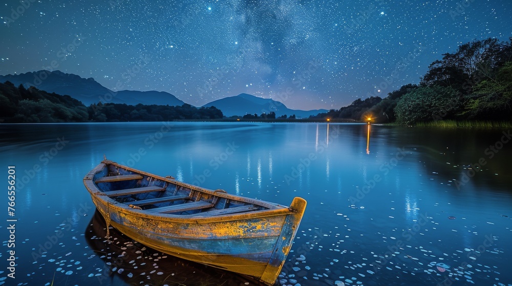 Boat Resting on Lake Under Night Sky