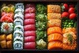 A box filled with a variety of different types of sushi, neatly arranged and ready to be enjoyed, Colorful, delectable sushi neatly arranged in a bento box, AI Generated