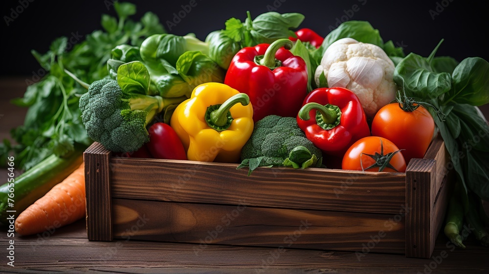 Fresh vegetables in a wooden box on a dark background. Selective focus. Fresh vegetables in a wooden box on a dark background. Selective focus.