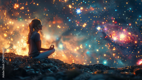 Radiant woman meditates amid cosmic splendor.generative ai © LomaPari2021