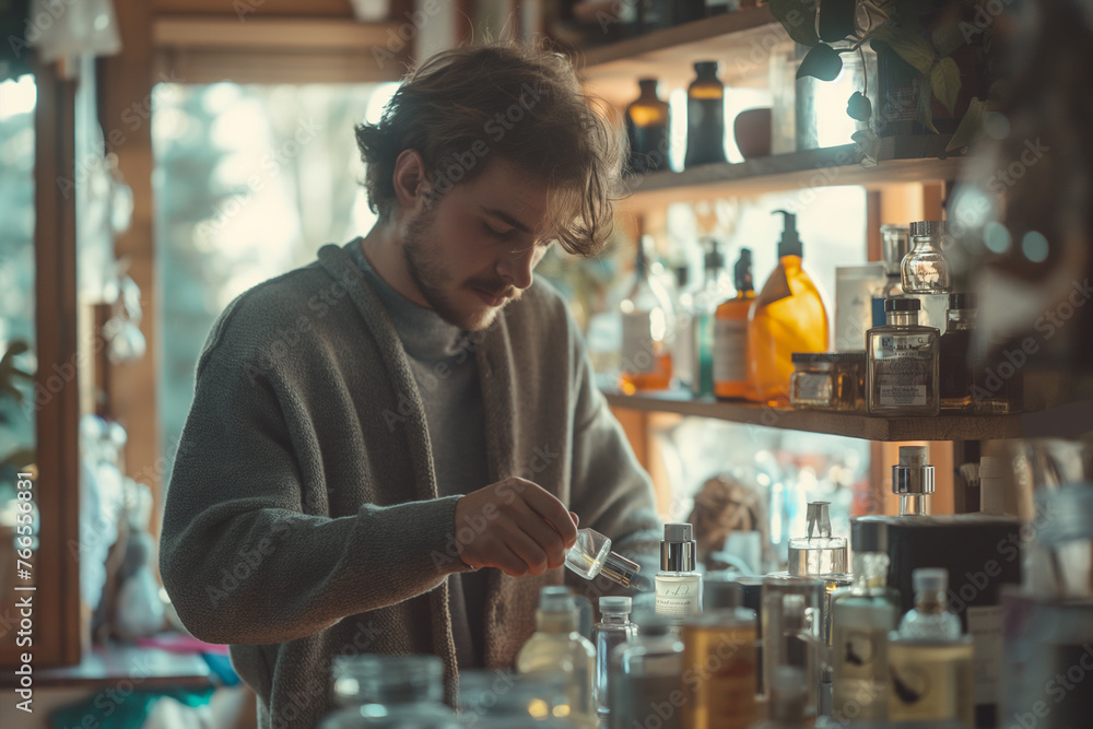 Man Standing in Front of Shelf Filled With Bottles Man Standing in Front of Shelf Filled With Bottles