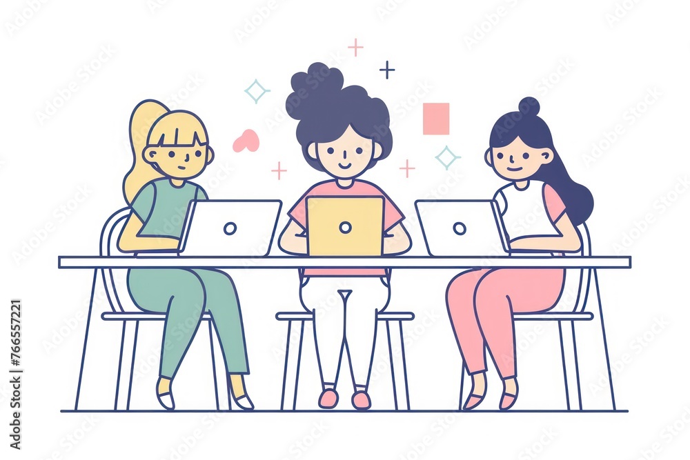 Simple liner icon illustration of women sitting at a table and working on laptops