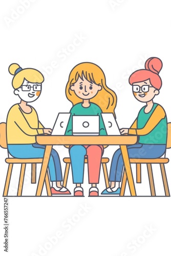 Simple liner icon illustration of women sitting at a table and working on laptops