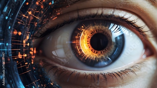 Modern woman's eye display Concept of cyberspace, science, background, technology, human vision, digital