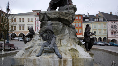 Gnome statues at Krakonos Fountain, 1892, at Krakonosovo namesti in Trutnov, Bohemia, Czech Republic, Central Europe photo