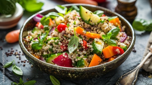Fresh mixed quinoa salad with vegetables in a rustic bowl on a dark surface. Healthy eating and vegetarian food concept. Suitable for a clean eating lifestyle and nutrition blogs