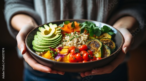 Woman holding bowl with healthy food, closeup. Dieting concept