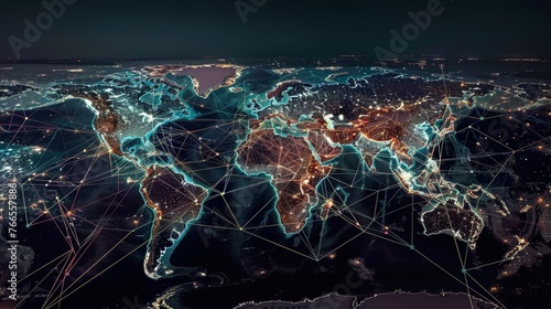 Illuminated global network concept over a world map. Connectivity and communication technology theme. Suitable for presentations on globalization, internet technology, and global commerce