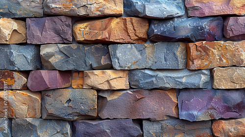 A masonry wall of multicolored stones or blocks