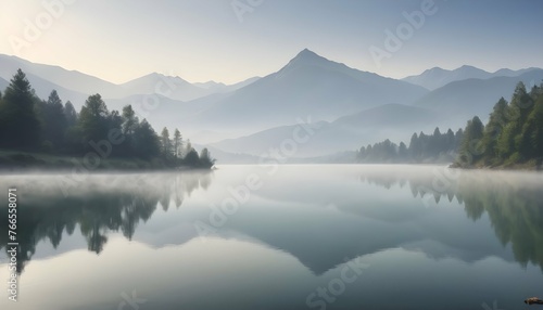Tranquil Calm Lake With Misty Mountains In The Ba Upscaled 4