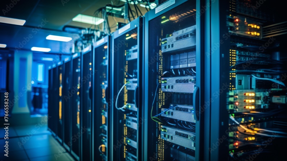 A row of computer servers with a blue background A row of computer servers with a blue background