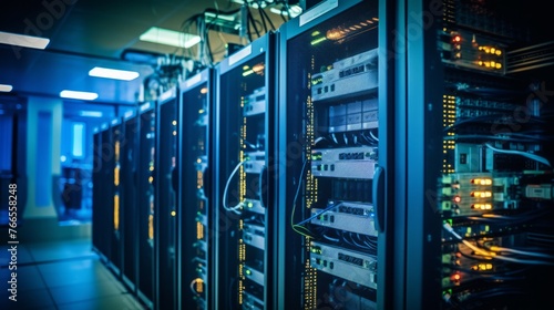 A row of computer servers with a blue background