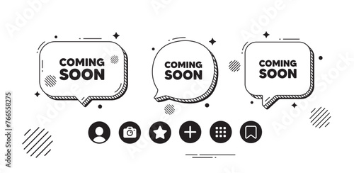 Coming soon tag. Speech bubble offer icons. Promotion banner sign. New product release symbol. Coming soon chat text box. Social media icons. Speech bubble text balloon. Vector