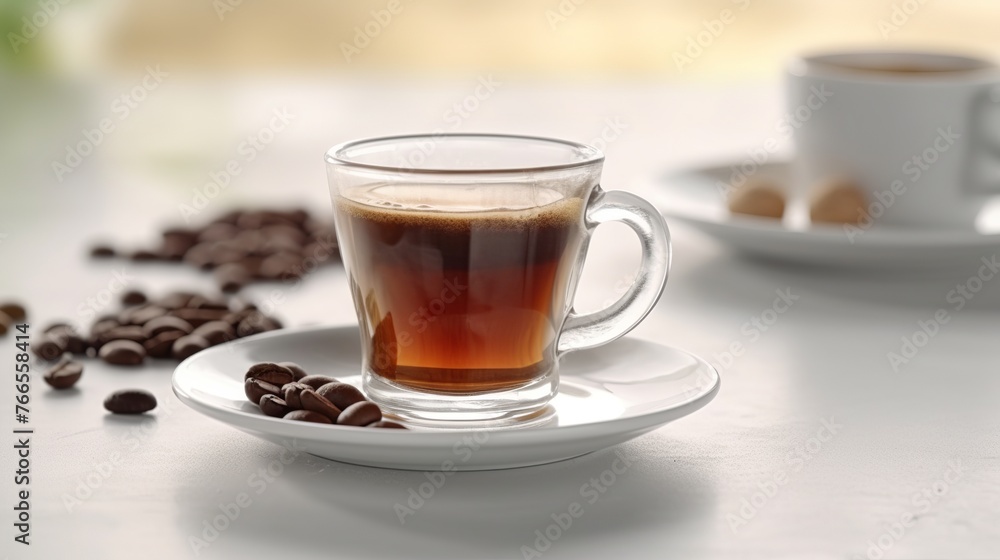 Cup of coffee and coffee beans on a white background, close-up Cup of coffee and coffee beans on a white background, close-up