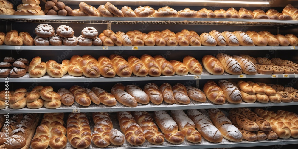 A Bakery Bounty. A variety of breads are displayed on wooden shelves in a bakery. The breads range in color from light gold to dark brown, and some have visible seeds.