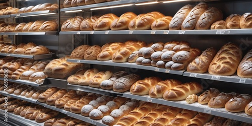 A Bakery Bounty. A variety of breads are displayed on wooden shelves in a bakery. The breads range in color from light gold to dark brown, and some have visible seeds.