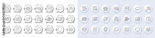 Timer, Teamwork and Report line icons. White pin 3d buttons, chat bubbles icons. Pack of Co2 gas, Document, Certificate icon. Vector