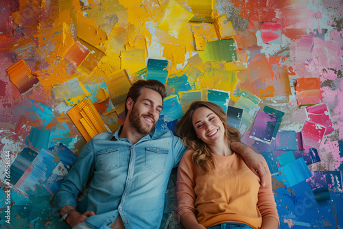 Young couple with color swatches lying on floor at home