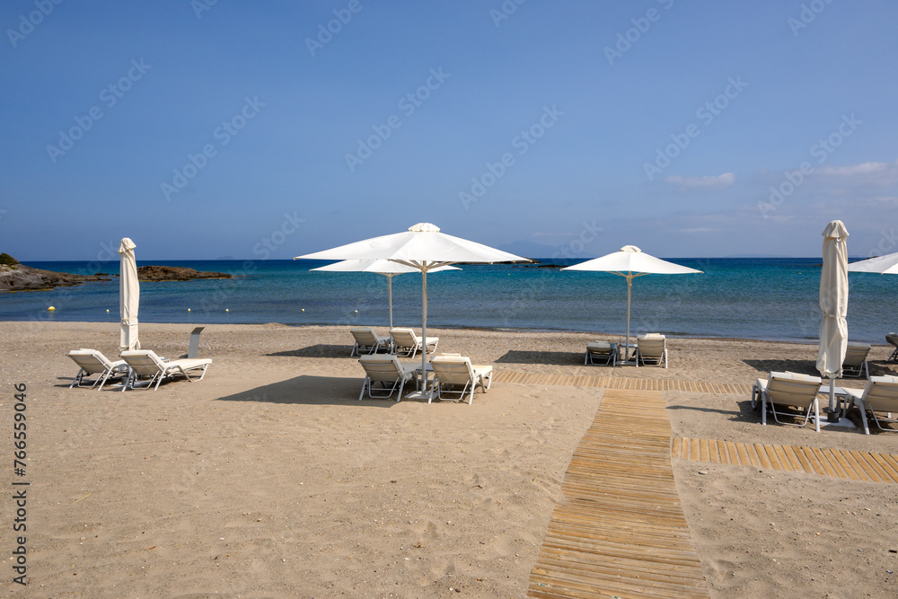 Agios Stefanos beach, a long beach of sand and fine pebbles on the island of Kos. Greece