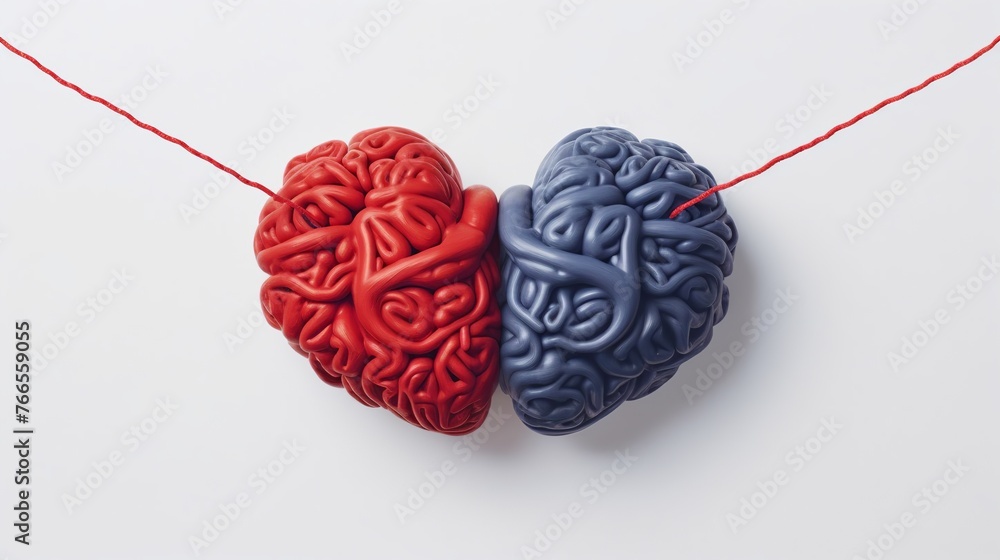 Human brain and red heart on white background. Concept of mental health - obrazy, fototapety, plakaty 