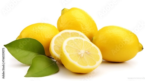 Lemons with green leaves on a white background. Isolated