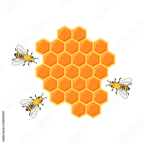 Beehive honey sign label and bee cartoons isolated on white background vector illustration