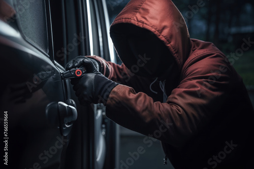 Car thief using slim jim to break into vehicle photo