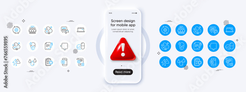 Laptop, Waterproof and Lightning bolt line icons. Phone mockup with 3d danger icon. Pack of Medical mask, Medical drugs, Employees group icon. Coronavirus report, Cogwheel, 5g phone pictogram. Vector