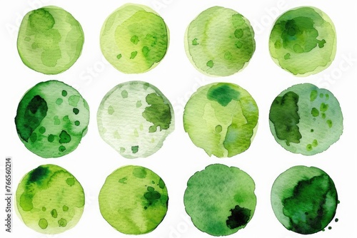 Green Watercolor Dots Set. Isolated Hand-painted Spots in Round/Circle Shapes on White Background for Design with Different Colours