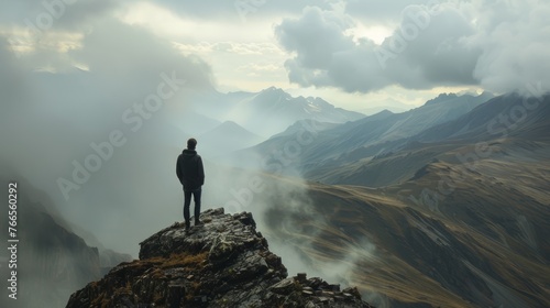 Man standing on cliff edge with mountainous background. Adventure and solitude concept with copy space for design and print