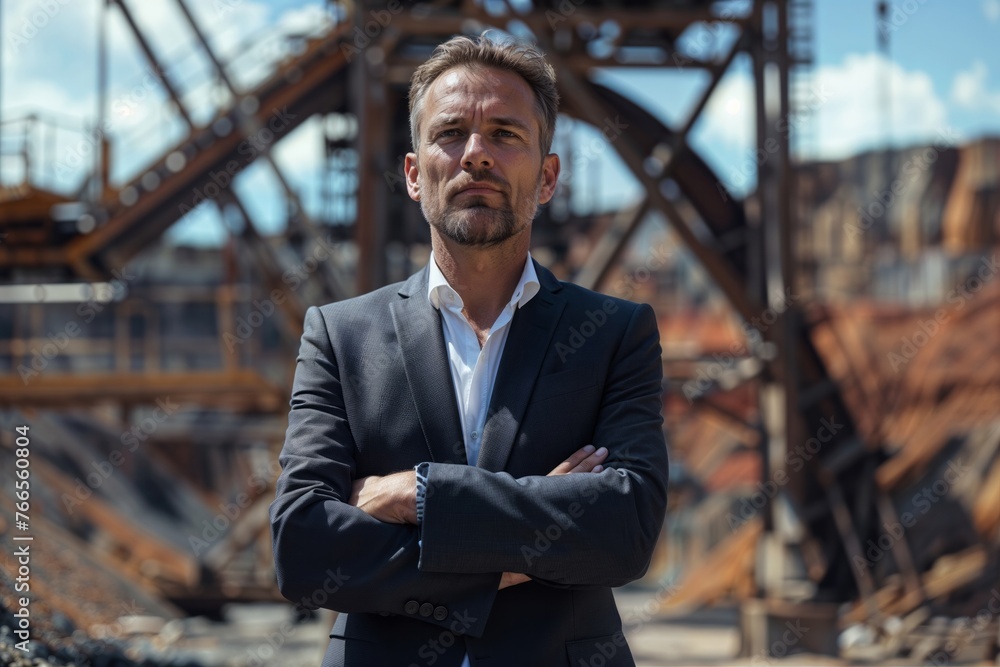 Professional man in a suit stands with crossed arms at a gritty industrial location Professional man in a suit stands with crossed arms at a gritty industrial location