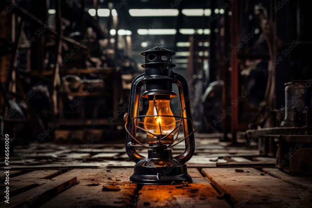 Historic safety lamp lighting up the rusty remnants of a bygone industrial era - obrazy, fototapety, plakaty 