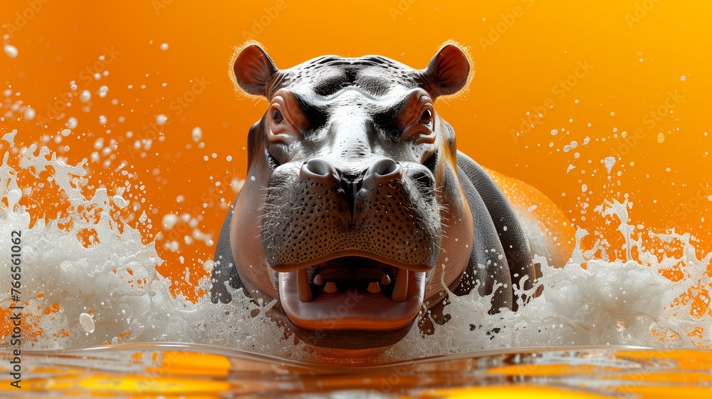 Playful hippopotamus swimming in orange water. Digital art piece featuring a hippo surrounded by splashes in vibrant orange water - obrazy, fototapety, plakaty 