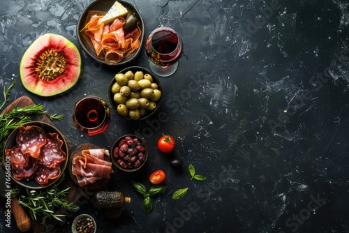 Top View Italian Antipasti Set with Wine and Snacks. Wine Glasses and Mediterranean Food - Antipasto, Brushettas, Cheese, Olives, and Prosciutto - Over Black Grunge Background