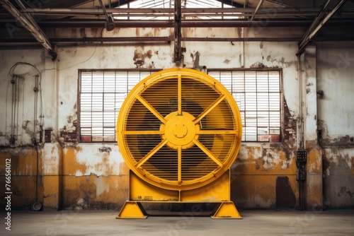 Industrial scenery featuring a large yellow ventilation fan amidst rusted pipes and worn-out brick walls