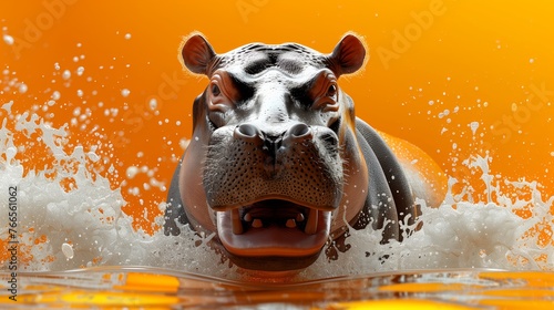 Playful hippopotamus swimming in orange water. Digital art piece featuring a hippo surrounded by splashes in vibrant orange water photo
