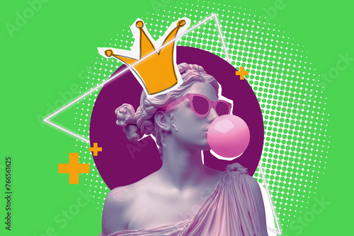 An antique female bust sculpture in modern sunglasses makes a bubble with the gum. Minimal pop culture concept art. Isolated on free PNG Background. © Igor