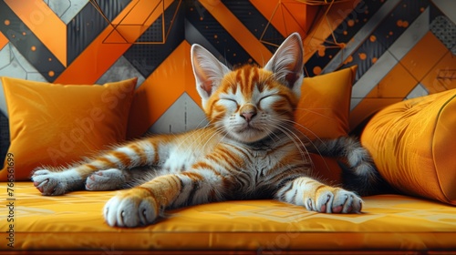 Contented kitten sleeping on yellow sofa: peaceful tabby kitten naps comfortably on a vibrant yellow couch with a modern geometric background
