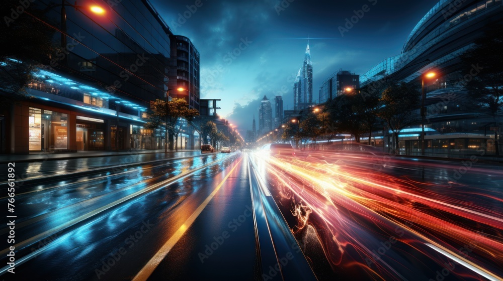 Highway with light trails on the street and buildings in the background