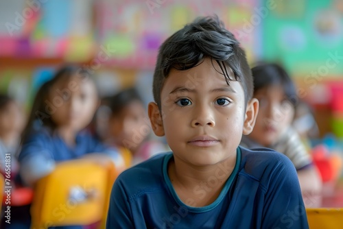 A Latino boy with dark hair sits attentively in a primary school classroom surrounded by other children. Concept Education, Classroom Setting, Diversity, Primary School, Latino Culture