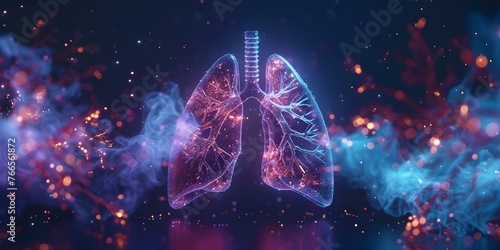 3D rendering of a holographic lung icon for diagnosing lung diseases like cancer pneumonia and viral infections. Concept Medical Illustration, Holographic Technology, Lung Diseases, 3D Rendering photo
