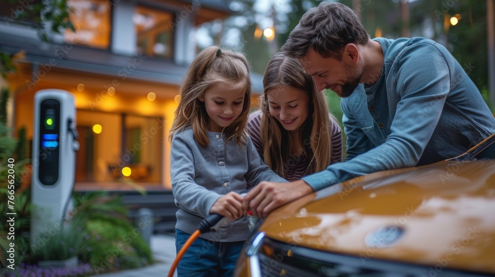 Progressive young parents and daughter with electric vehicle and home charging station