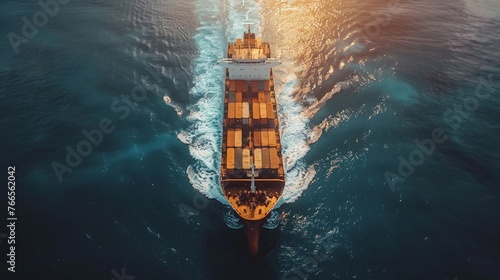 Aerial view of a container cargo ship, import, export, business logistics and transportation of international container ships on the high seas